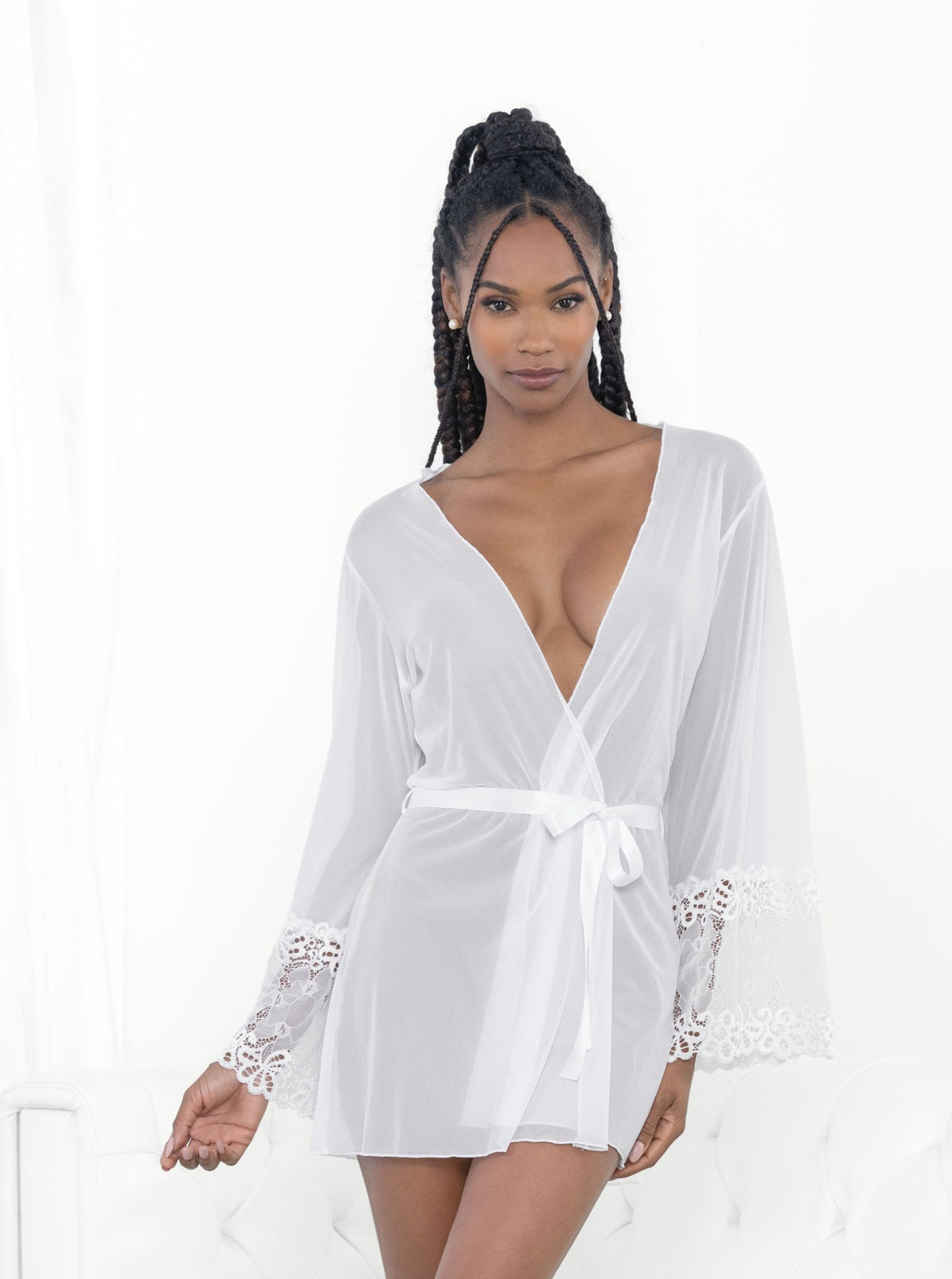 Lace & Mesh Robe with Ribbon Tie