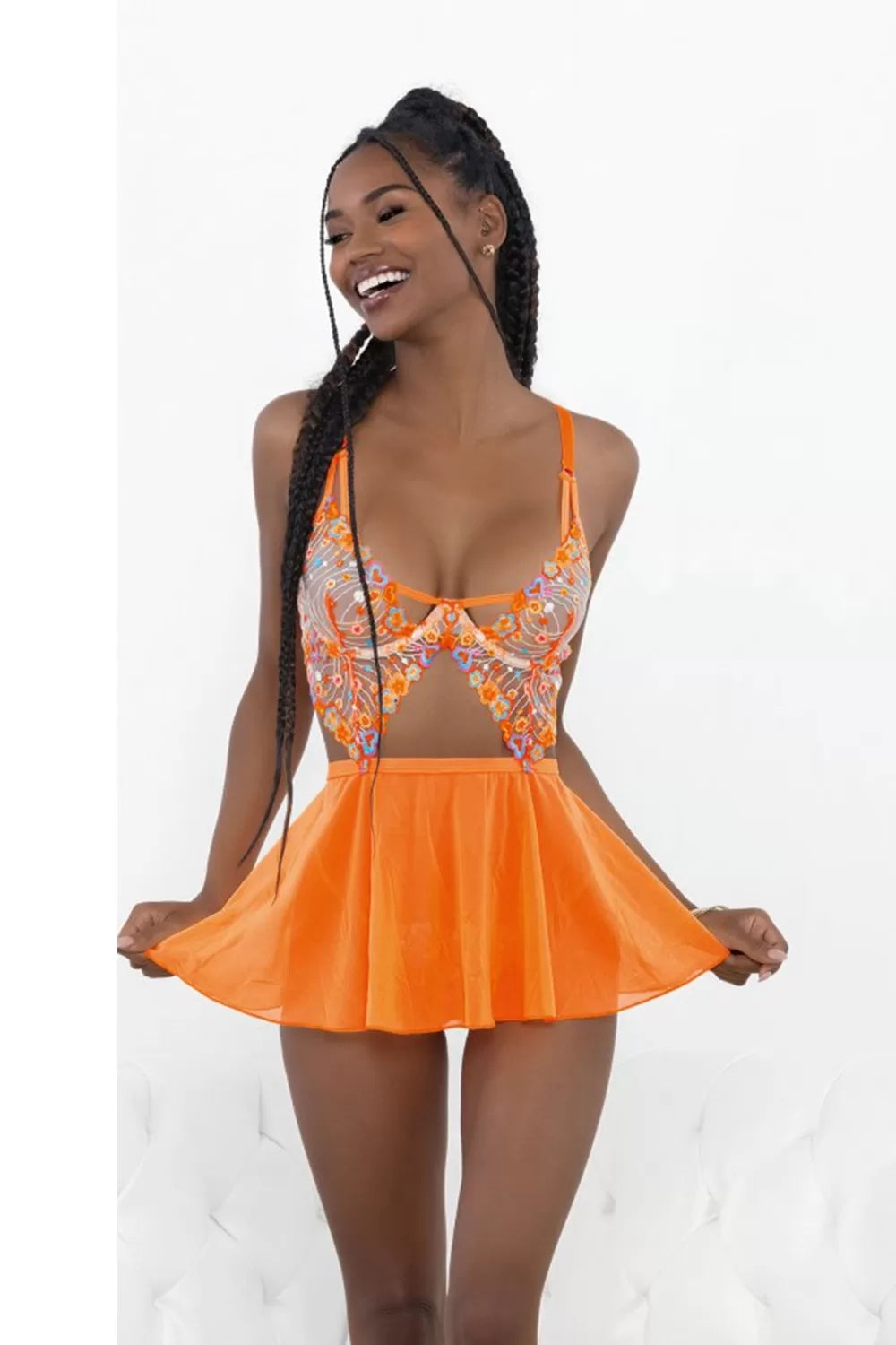 Embroidered Underwire Cup Babydoll in Electric Orange at Belle Lacet Lingerie