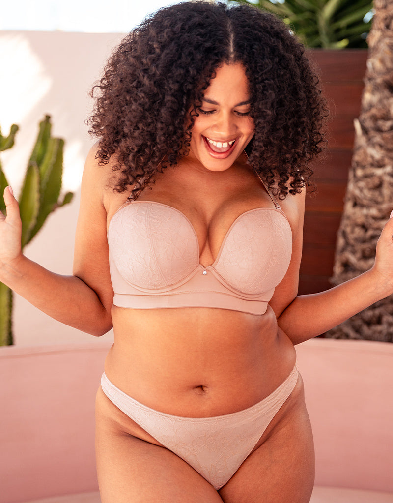 Full front lifestyle view of Hey Girls SuperPlunge Strapless Bra from Curvy Kate at Belle Lacet Lingerie