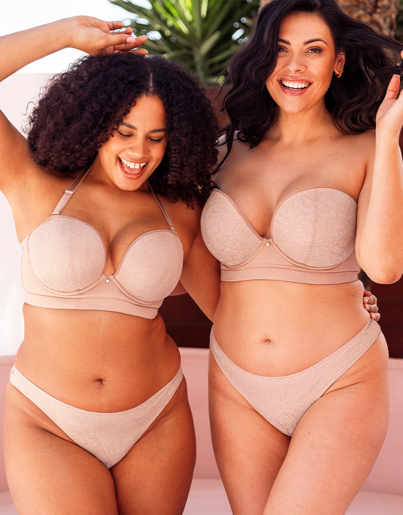 Dual model lifestyle view of Hey Girls SuperPlunge Strapless Bra from Curvy Kate at Belle Lacet Lingerie
