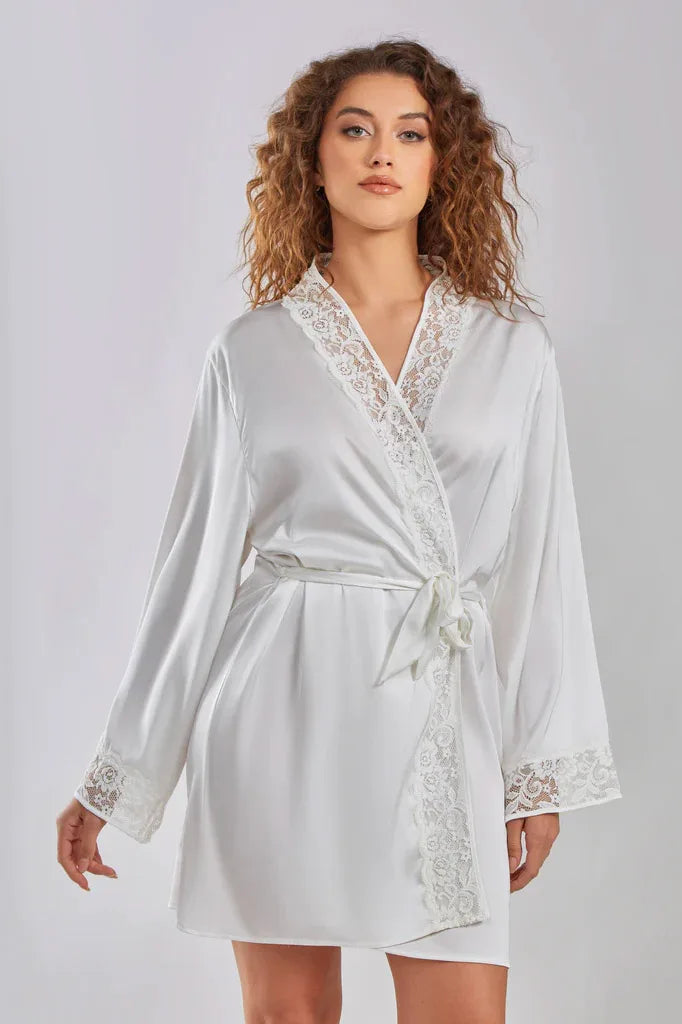 iCollection Elissa Satin Robe with Lace NeckLine at Belle Lacet Lingerie