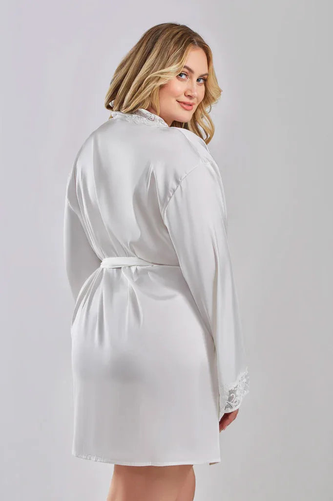 iCollection Elissa Satin Robe with Lace NeckLine in plus size at Belle Lacet Lingerie