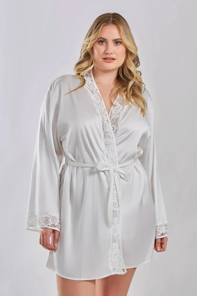 iCollection Elissa Satin Robe with Lace NeckLine in plus size at Belle Lacet Lingerie