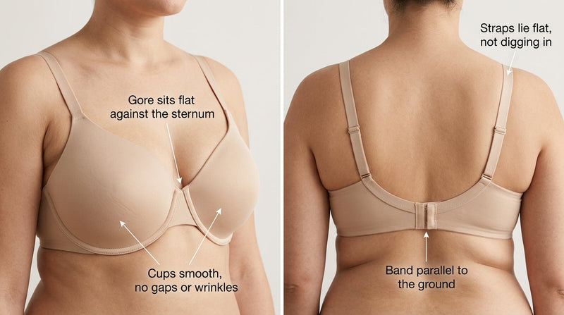 Image showing a properly fitting bra with details outlined by lines and arrows.