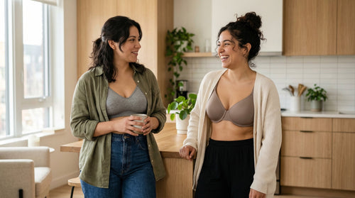 two women casually talking about their bra fitting