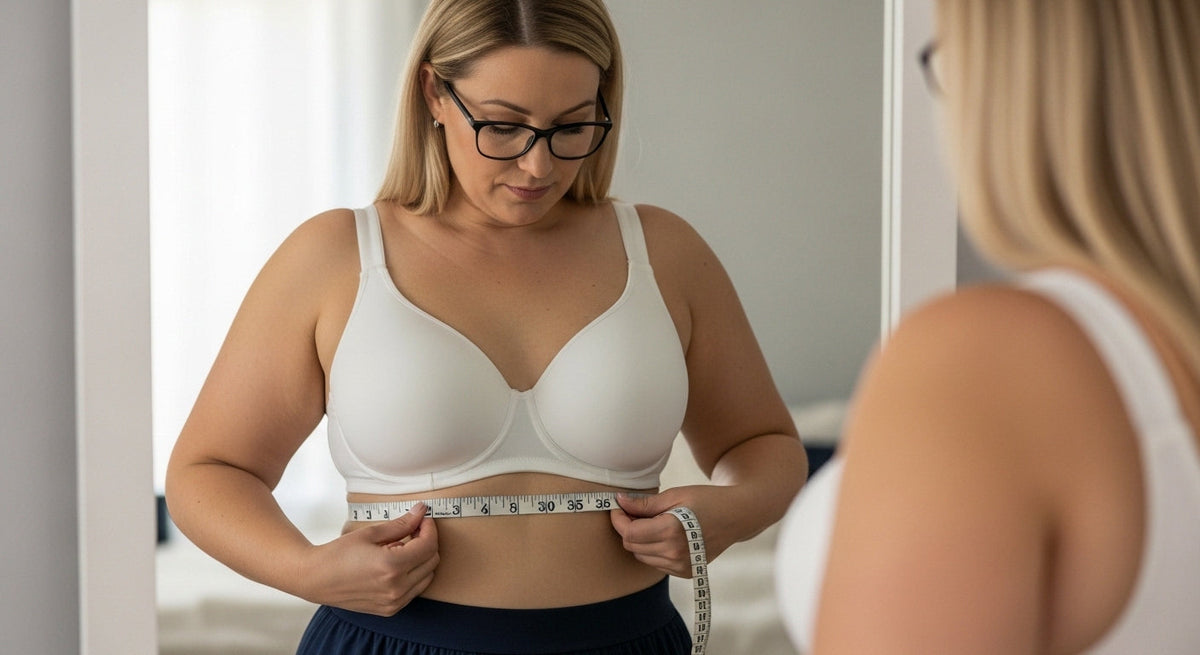 Woman measuring her bra size at home with a soft measuring tape for accurate fit