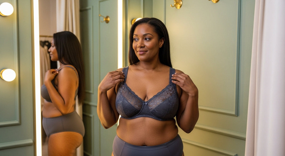 woman checking comfortable bra fit in boutique fitting room mirror