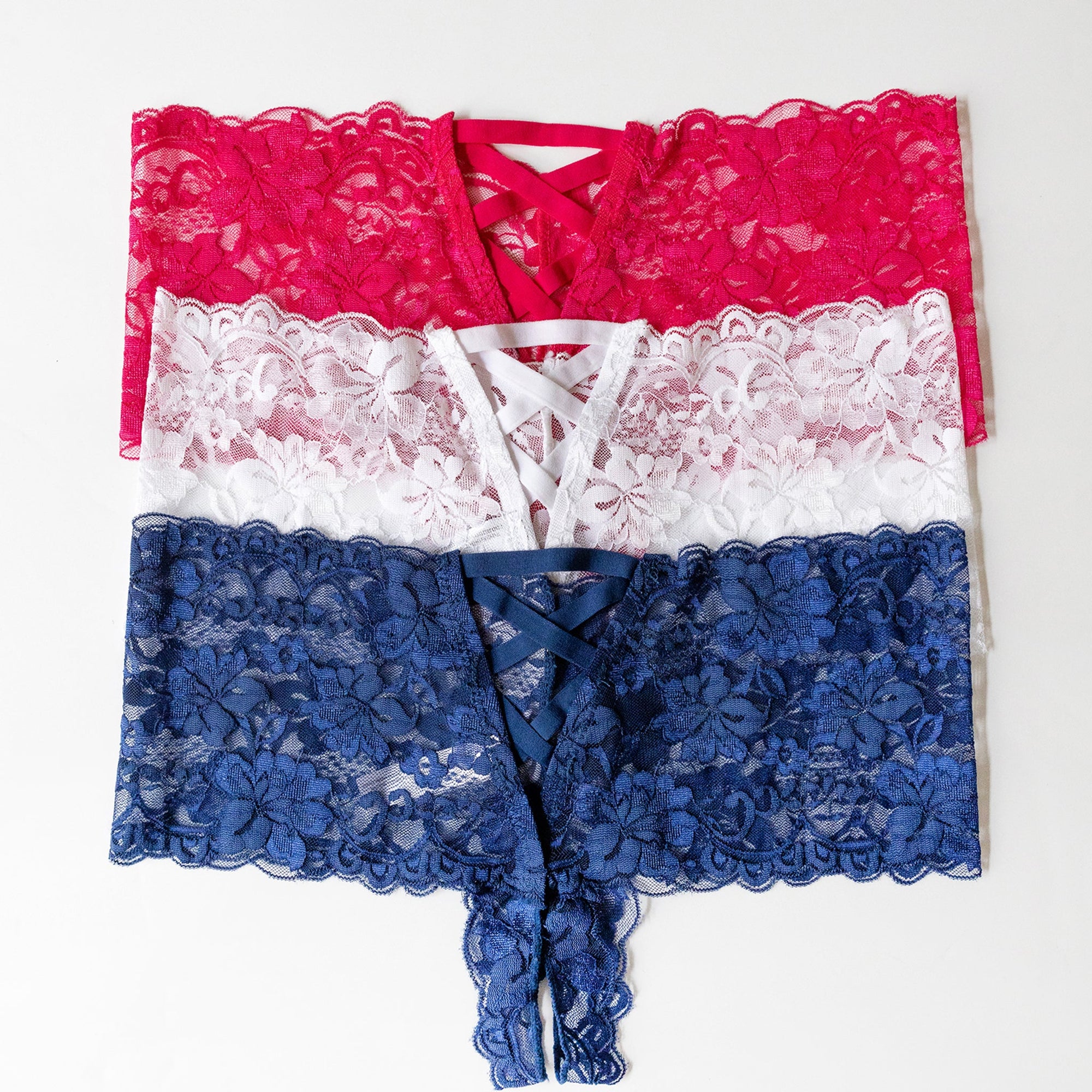A Pair of red, white and blue boyshorts on a white background
