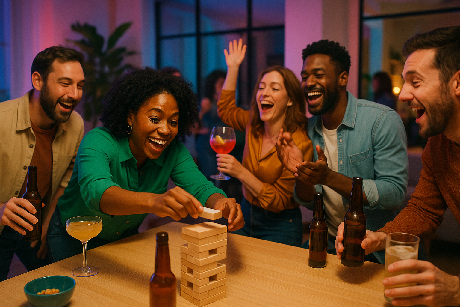Adults at a party drinking and playing games.