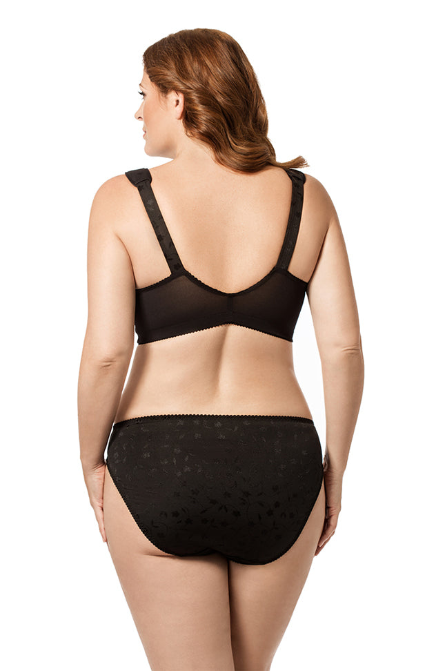 back view of a woman wearing a black Elila Jacquard Front Hook Softcup Bra set. 
