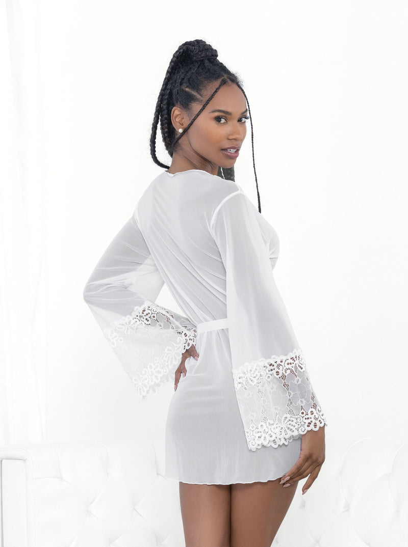 Lace & Mesh Robe with Ribbon Tie-Belle Lacet Lingerie