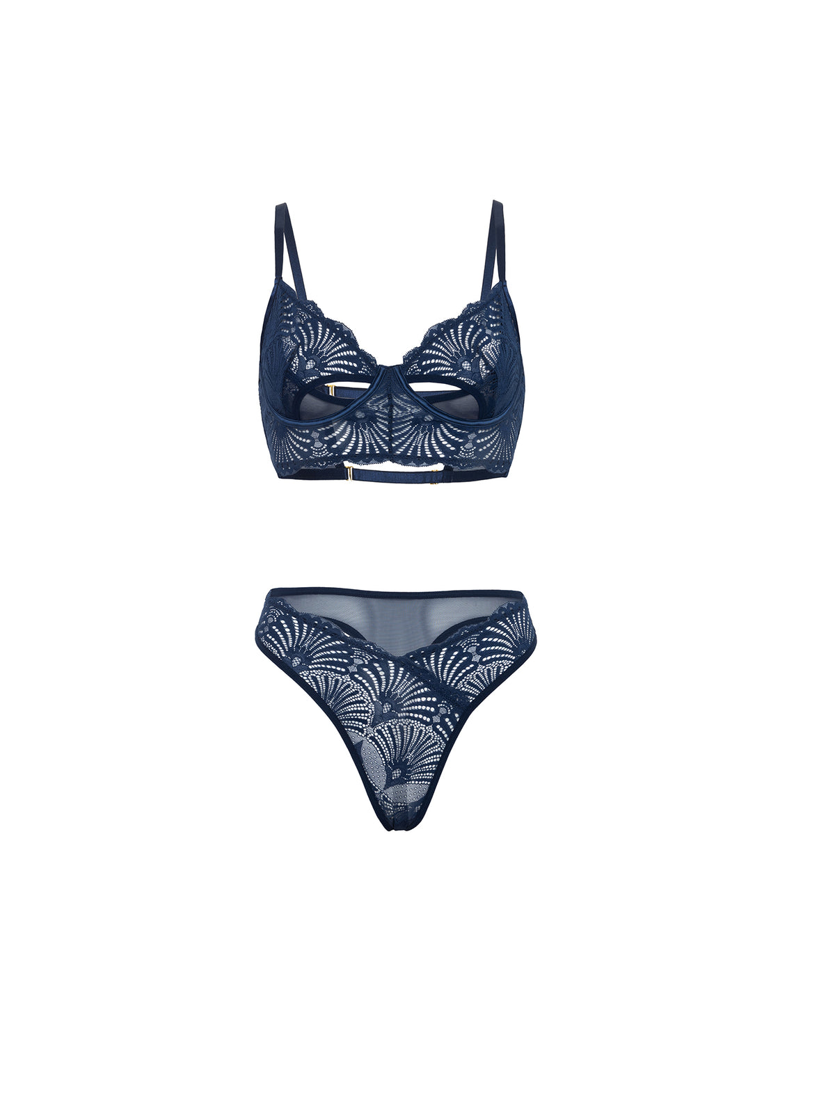 Navy blue lace bra and panties set on a white background