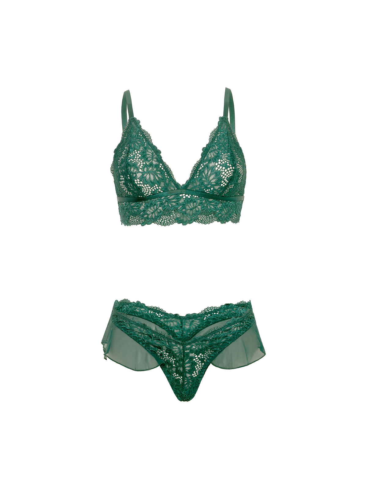 Green lace lingerie set on a white background