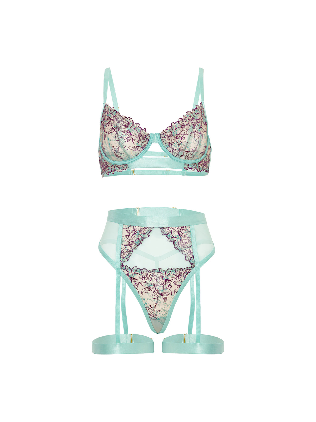 Floral bikini set with turquoise straps on a white background