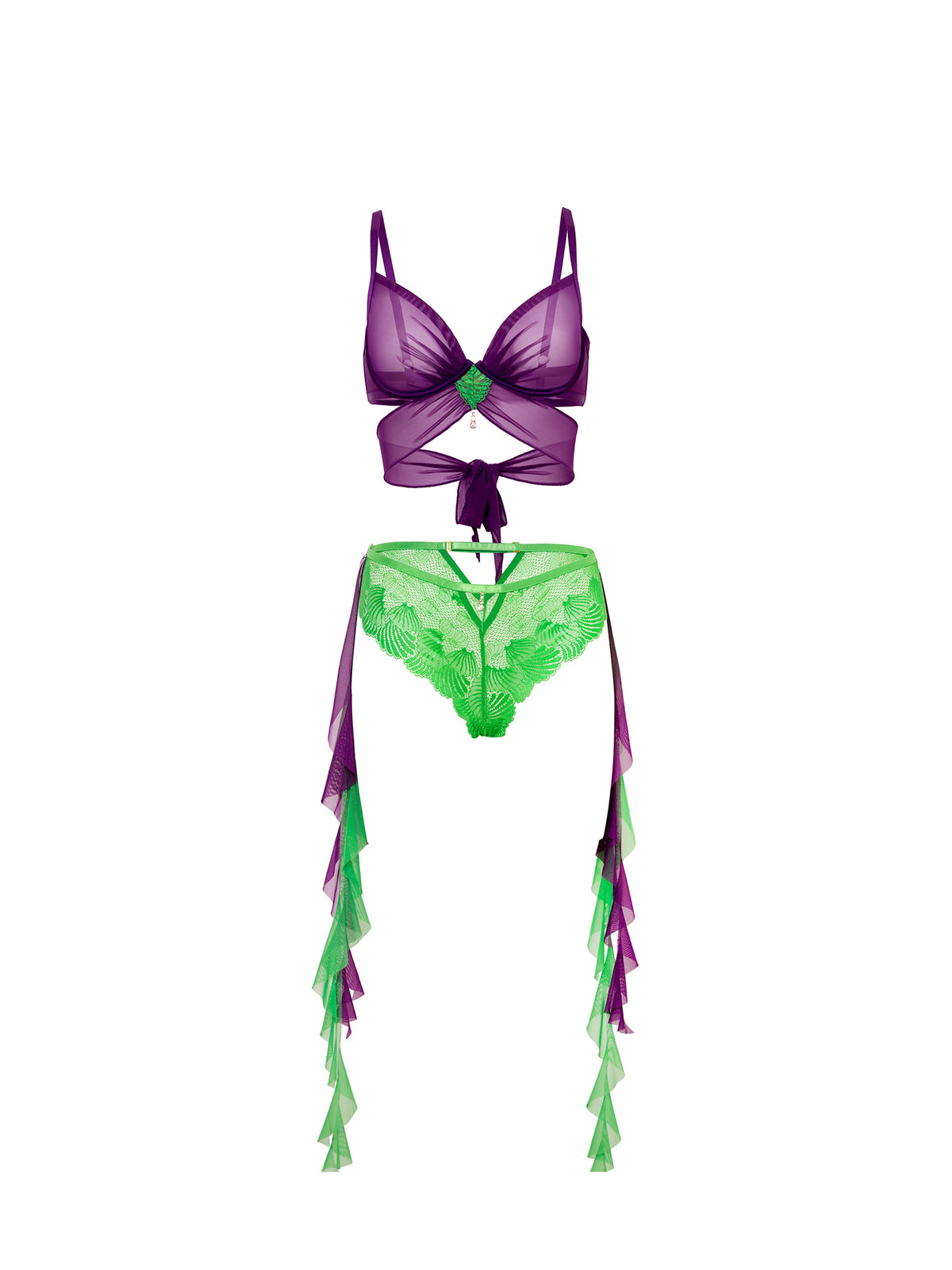 Green and purple lingerie set with ruffled straps on a white background