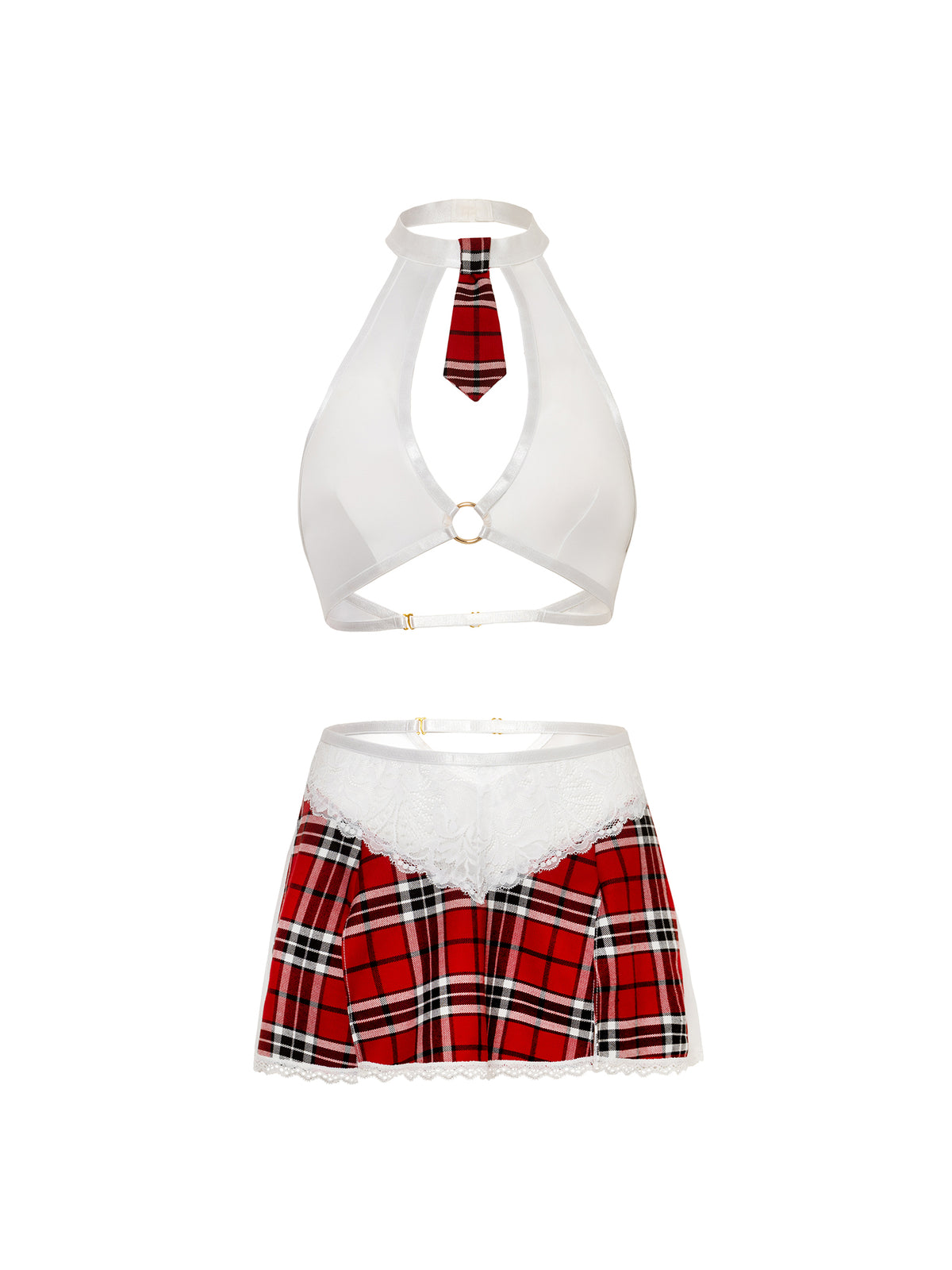 White top and red plaid skirt set on a white background