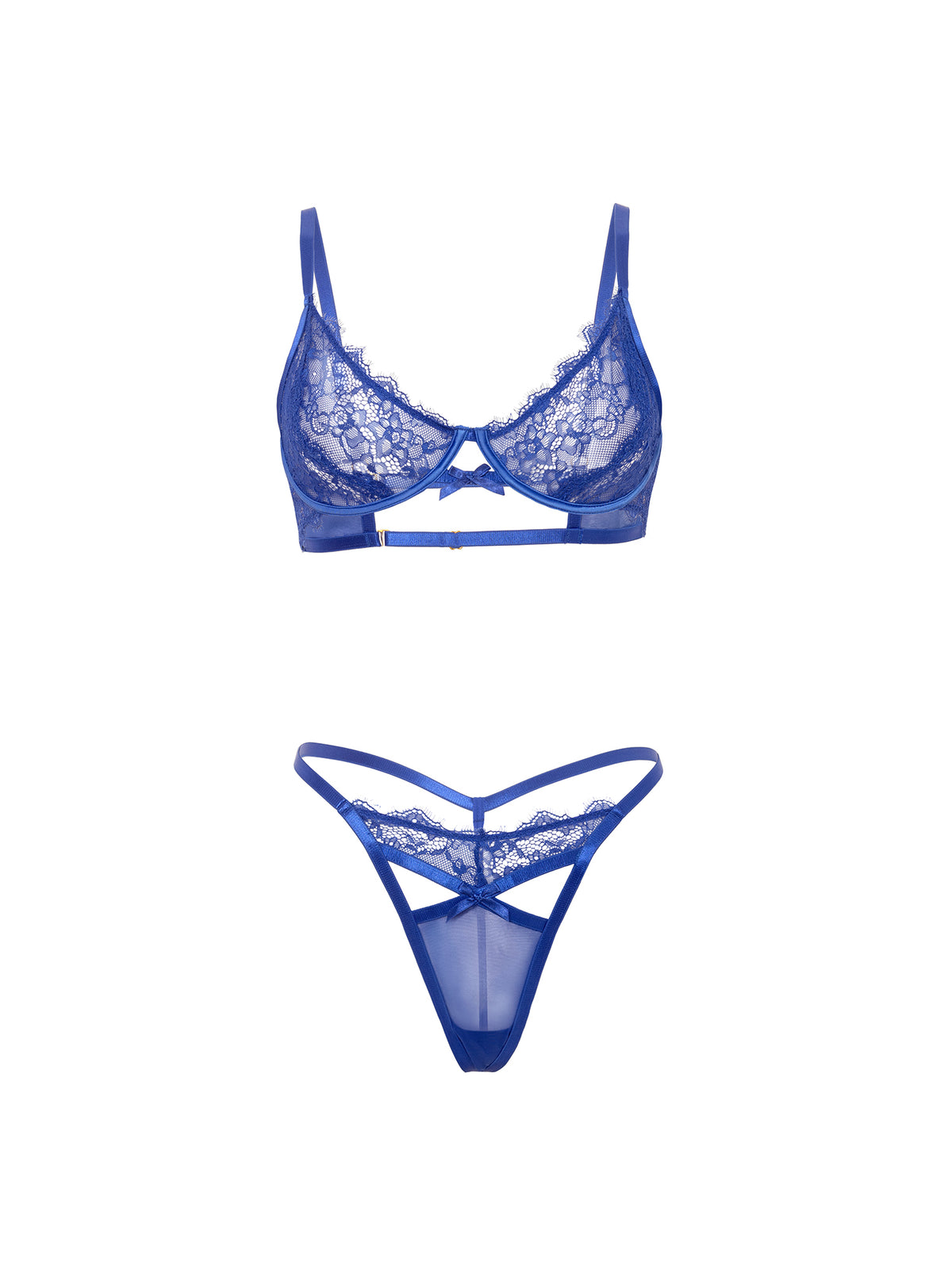 Blue lace lingerie set on a white background