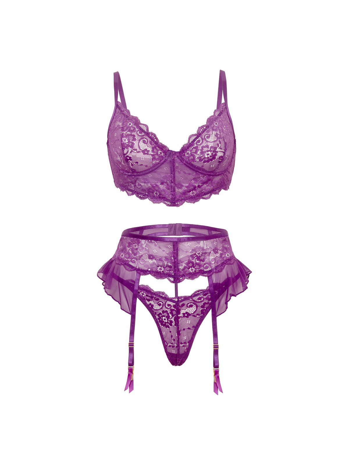 Harmony lace 3 piece bra set in imperial purple with underwire bra, G-string, and garter belt