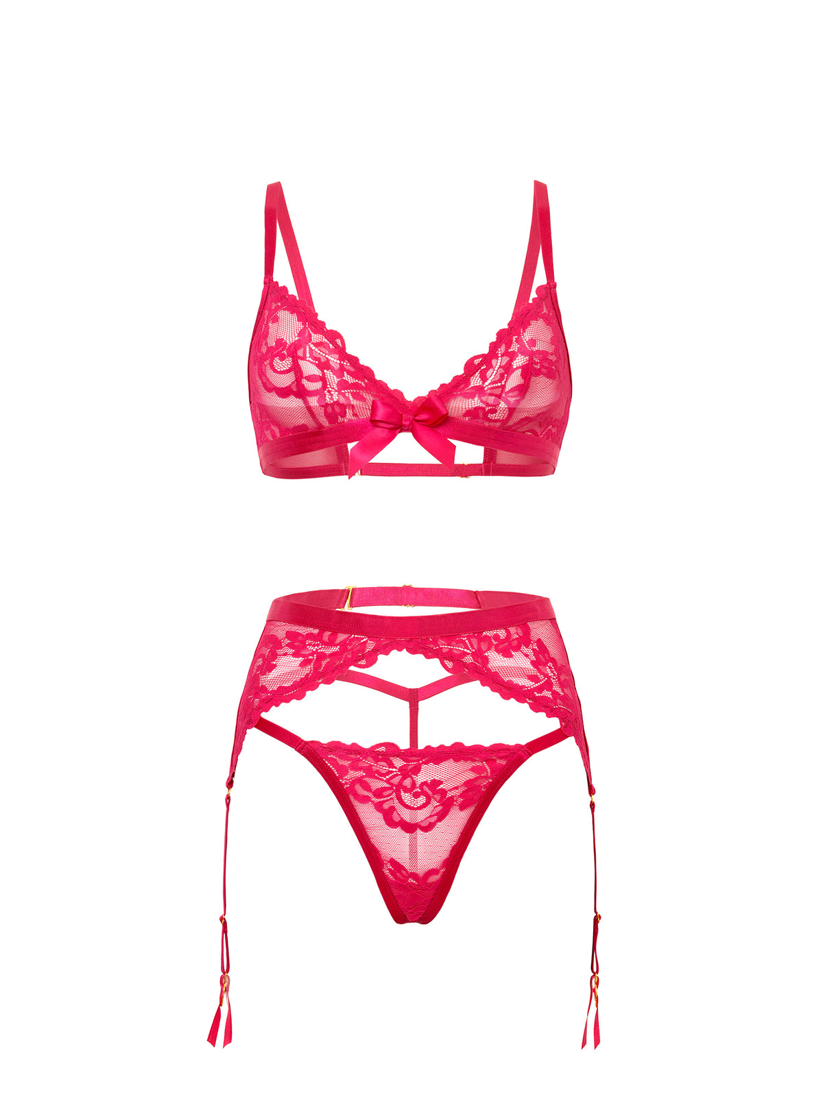 Luella 3 piece lace bra set in pink yarrow with soft cup bra, garter, and G-string