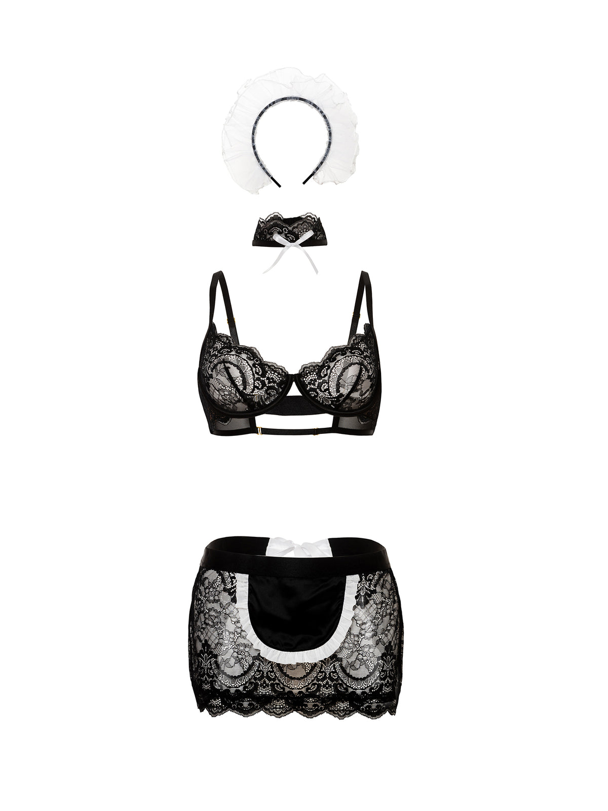 Black lace lingerie set with bra, panties, and headband on a white background