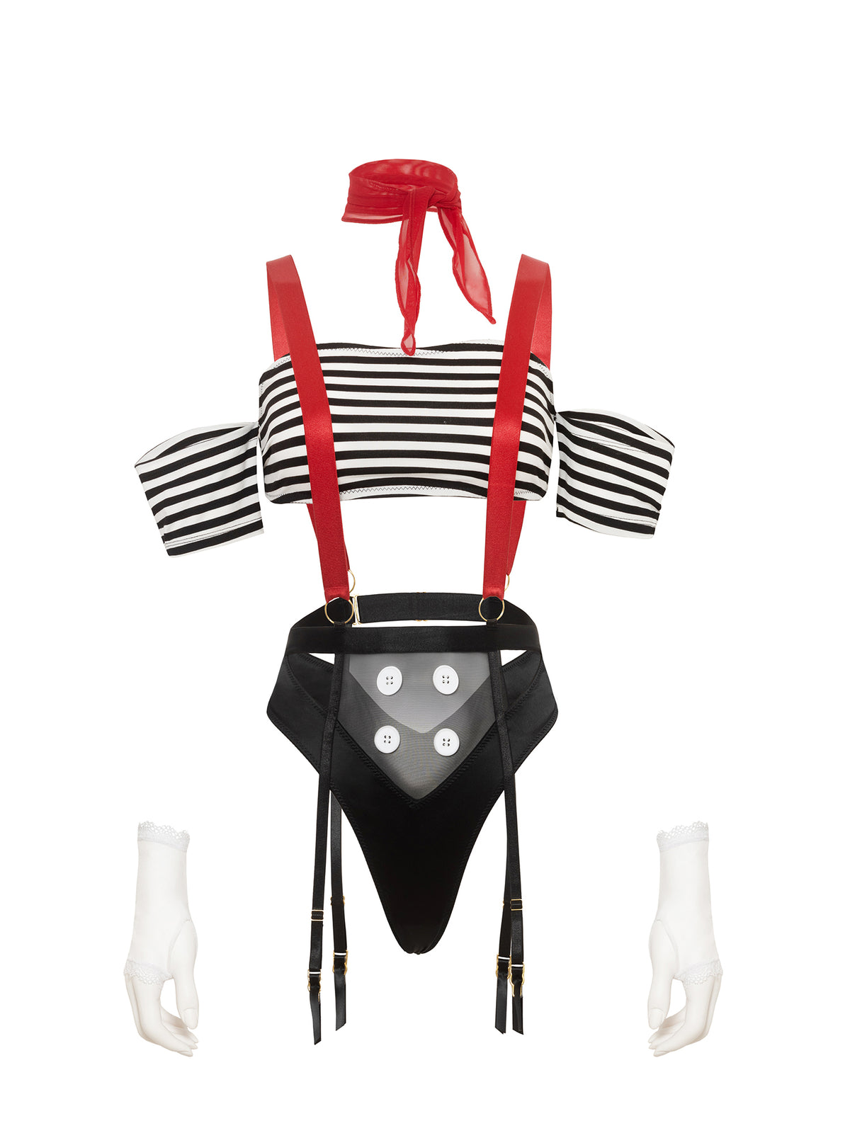 Black and white striped top with red suspenders and black harness on a white background