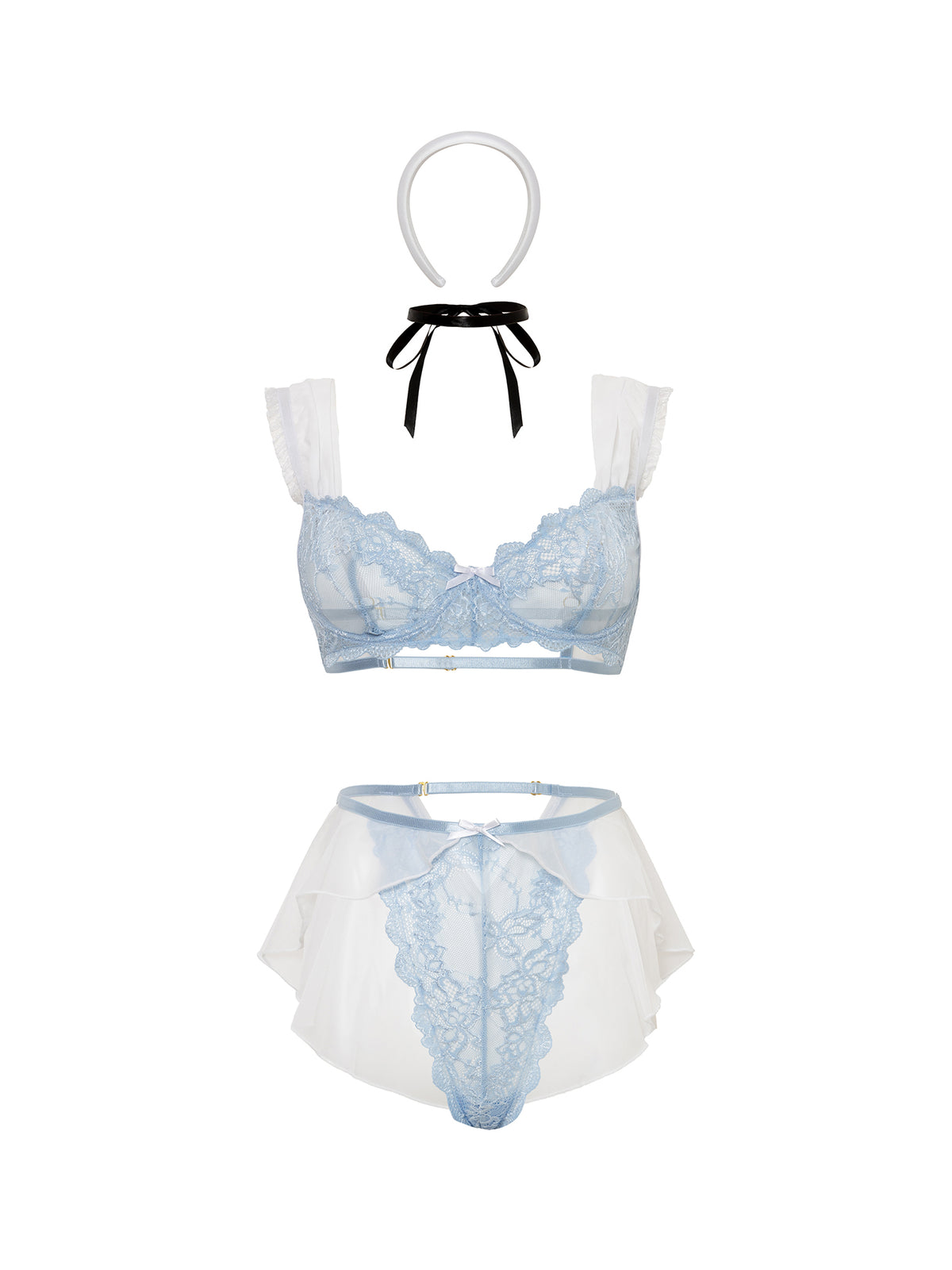 Lace lingerie set with a blue bra and white panties on a white background