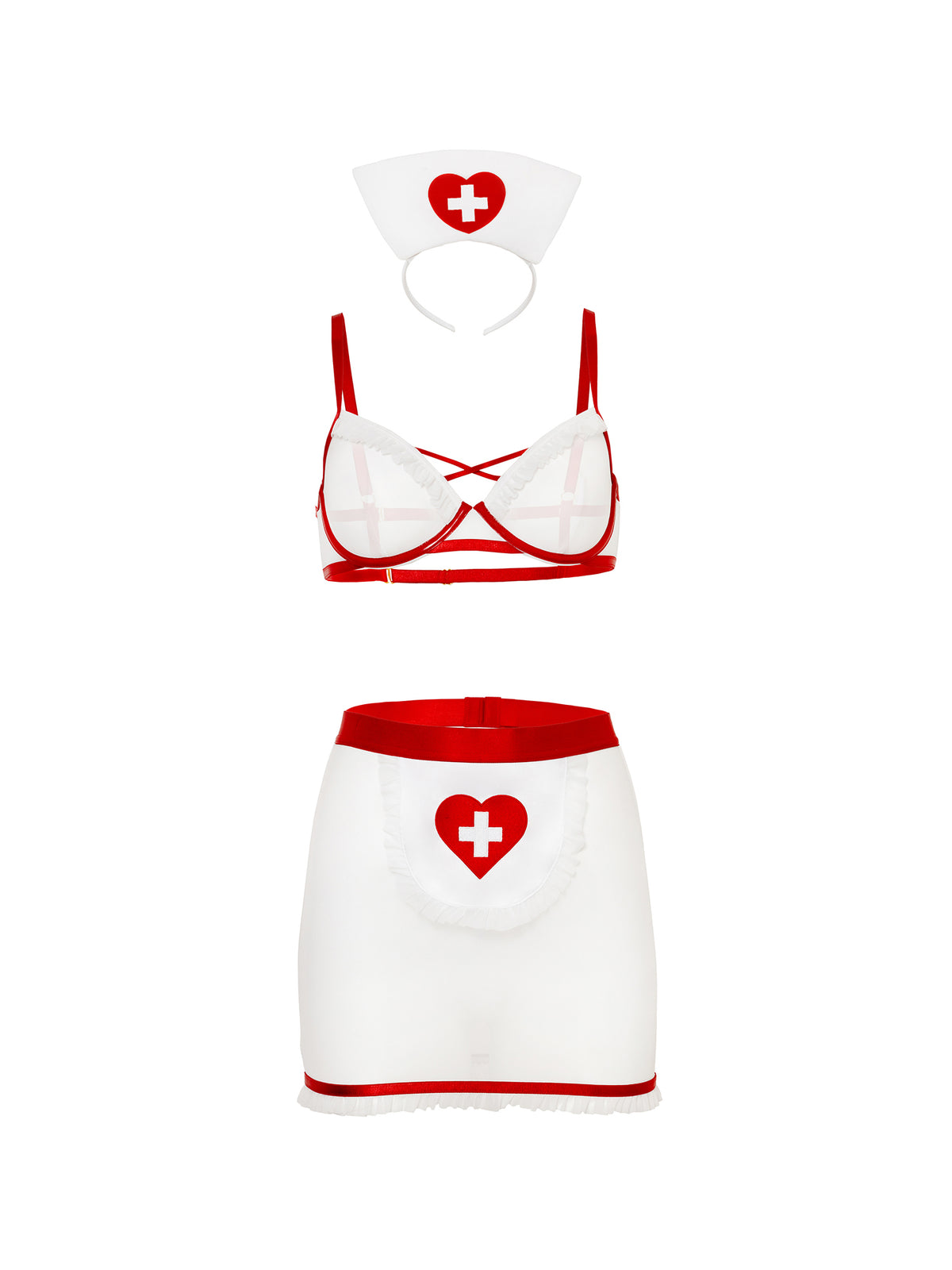 Nurse-themed costume with bra, skirt, and headband on a white background