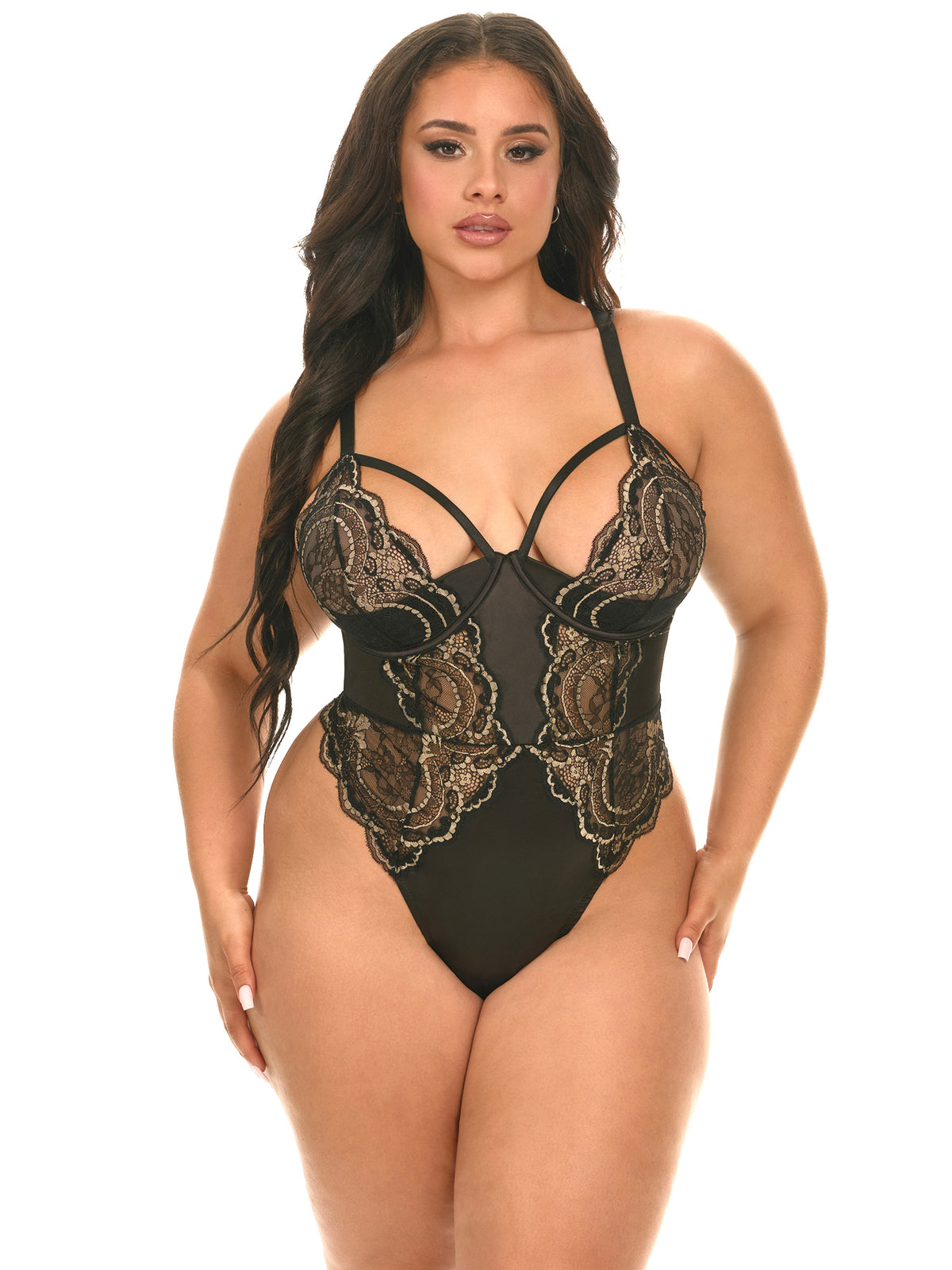 Model wearing the Dakota Underwire Lace & Mesh Teddy with embroidered lace and sheer mesh panels.