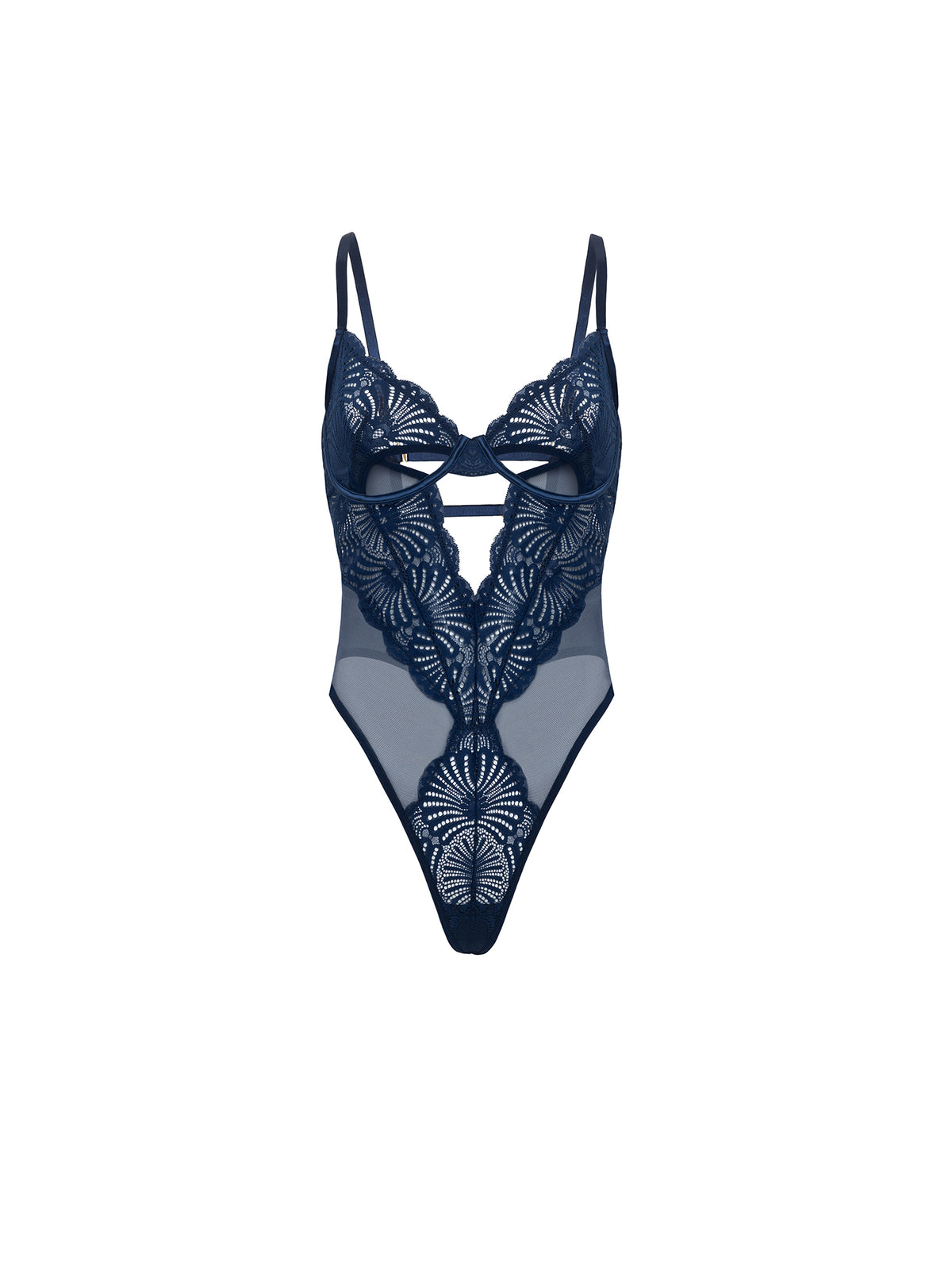 Navy blue lace bodysuit on a white background
