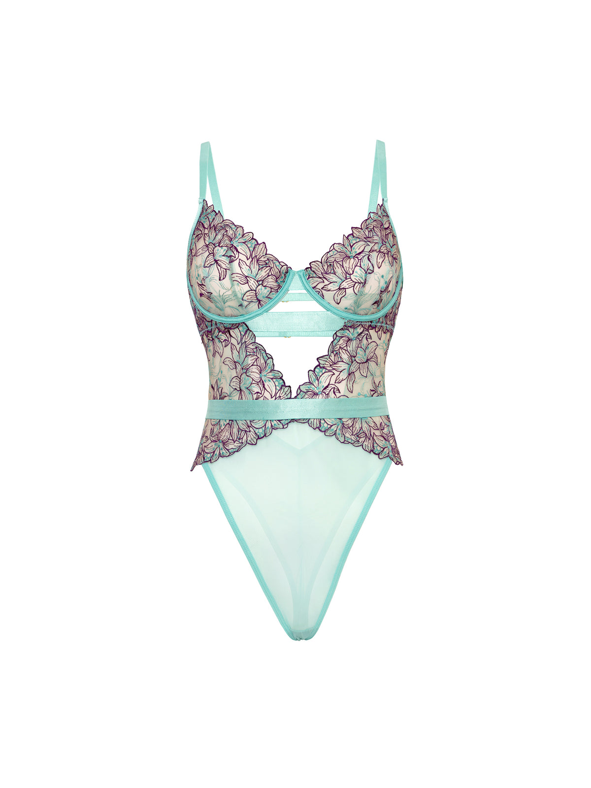 Floral lingerie set with light blue accents on a white background