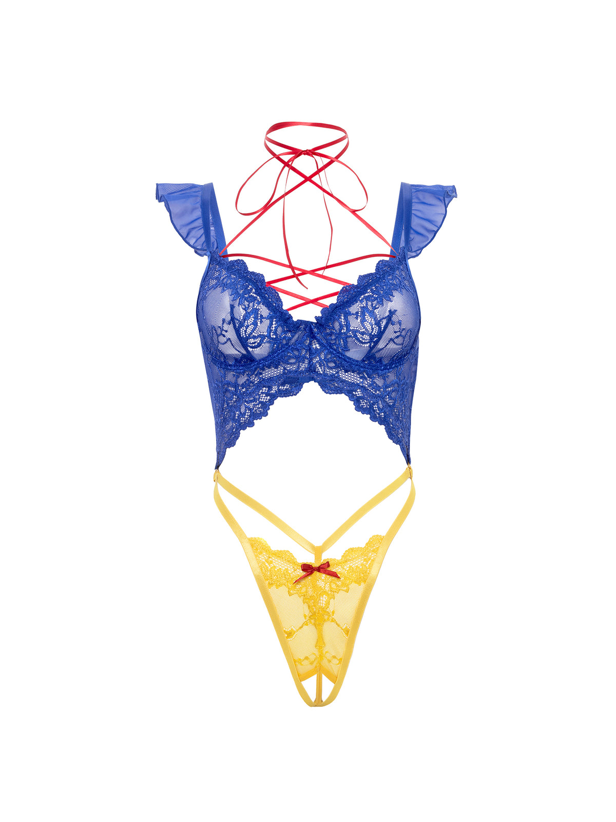 flat lay of a Blue lace yellow bottom teddy with ribbon neck tie on a white background