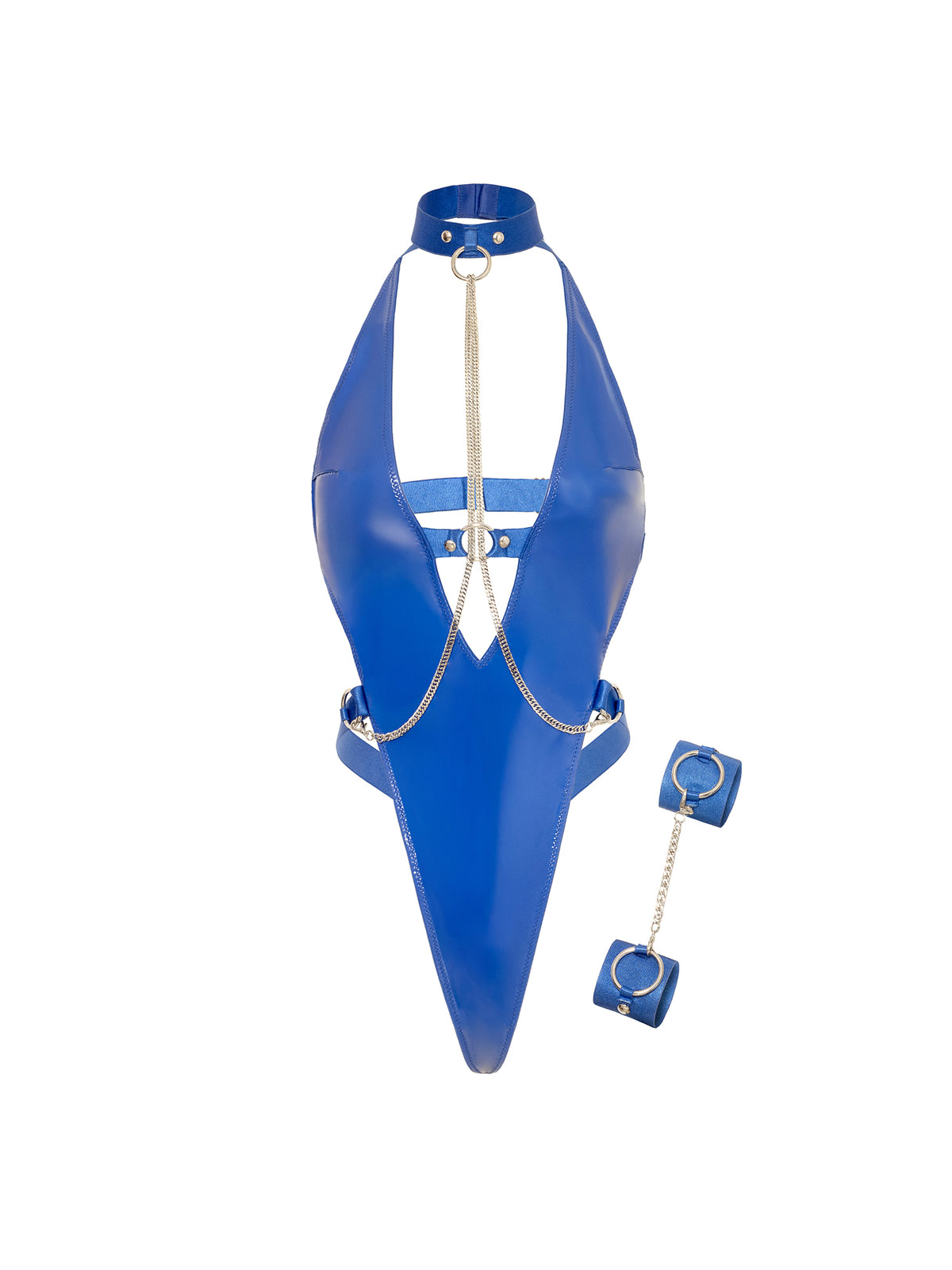 Blue submissive vinyl teddy plus size with chain collar, plunge cut-out front, and G-string back and matching cuffs.