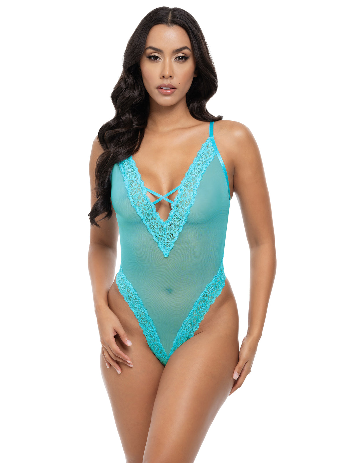 Woman wearing the blue Zayla sheer lace teddy with plunging neckline and thong back