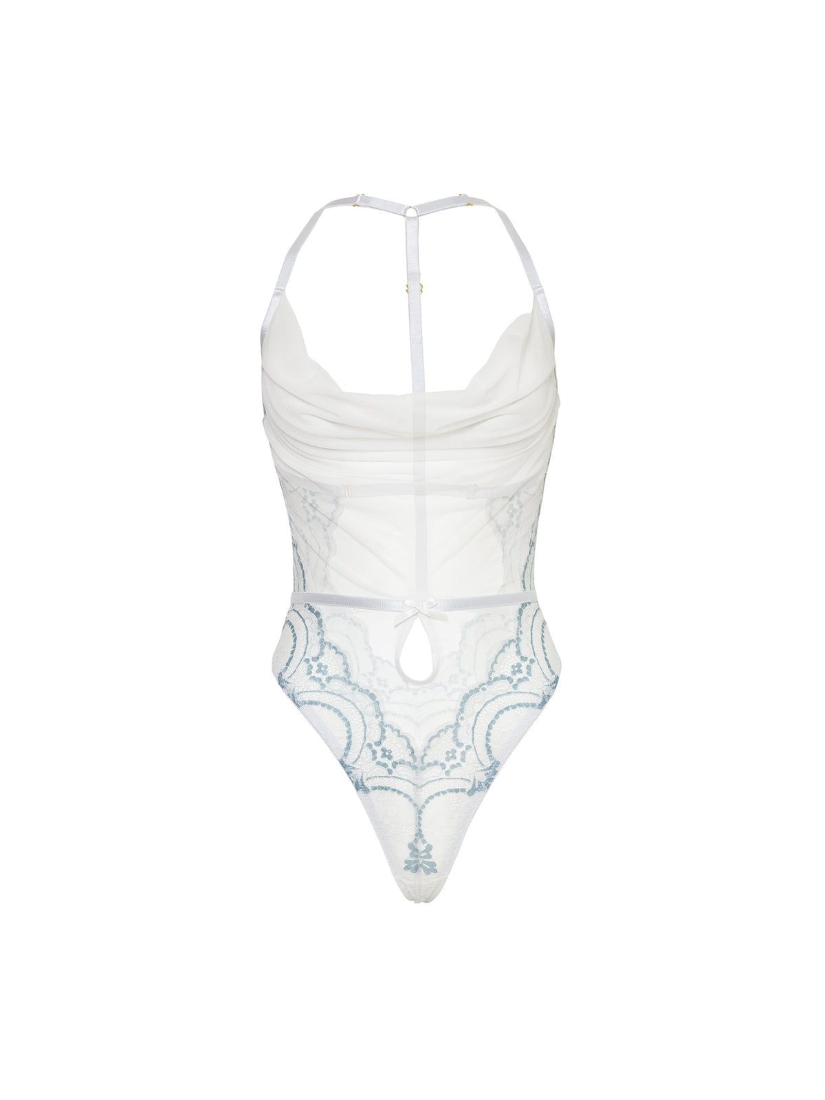 Victoria sheer halter teddy in white and milky blue with cowl neckline, lace mesh, and G-string back.