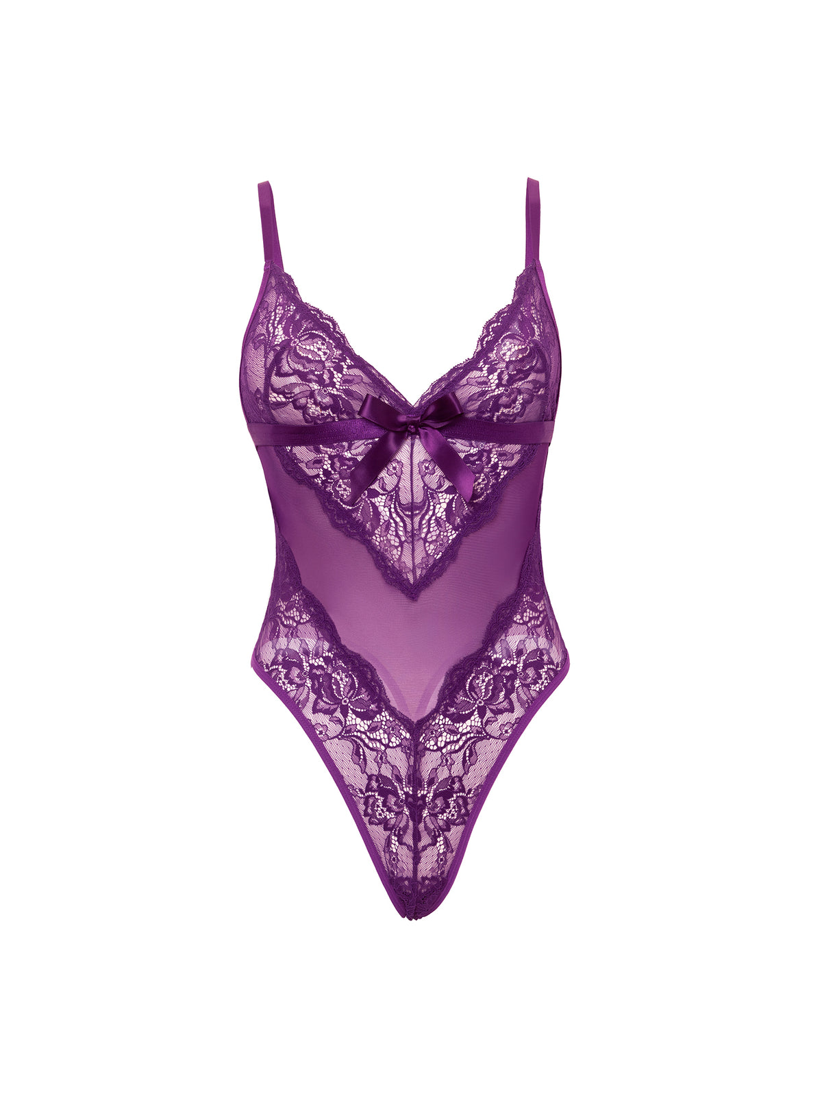 Woman wearing a SSin imperial purple with V front, high-cut legs, and thong back