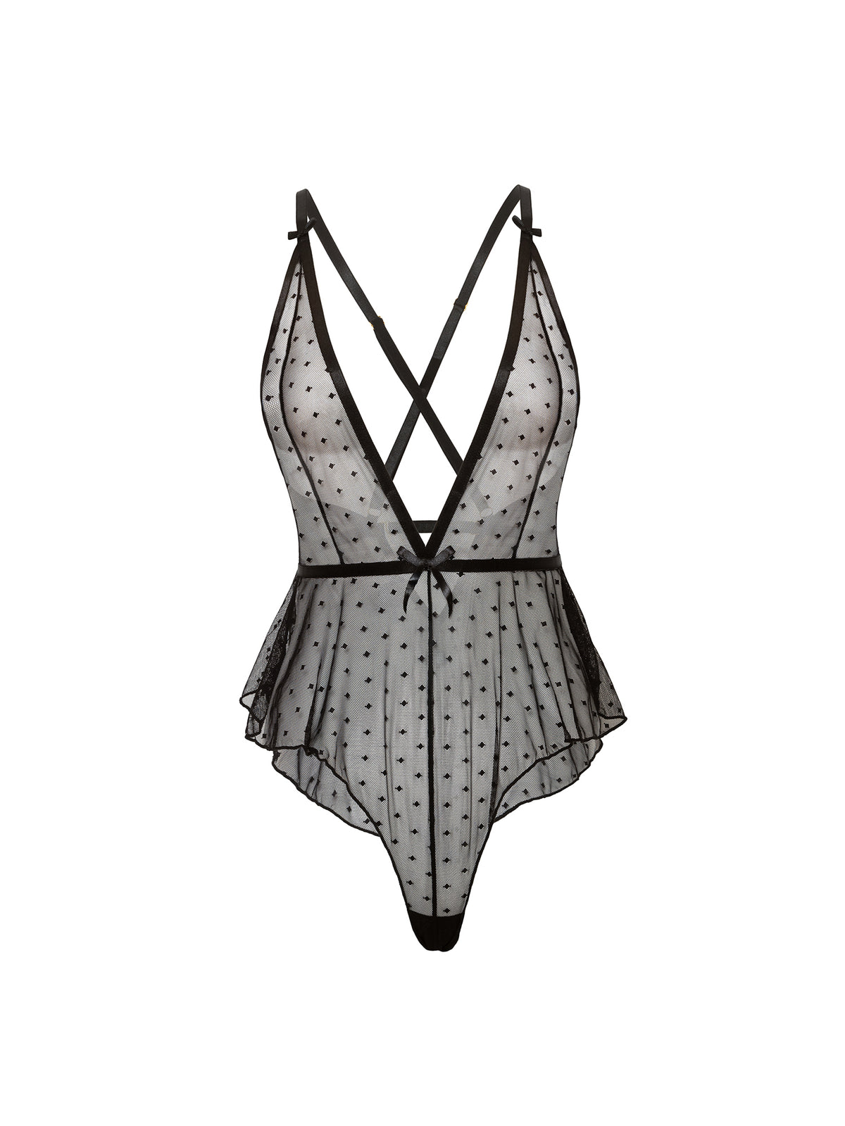 Black Tinsley sheer mesh romper with dotted pattern, plunge neckline, and adjustable straps