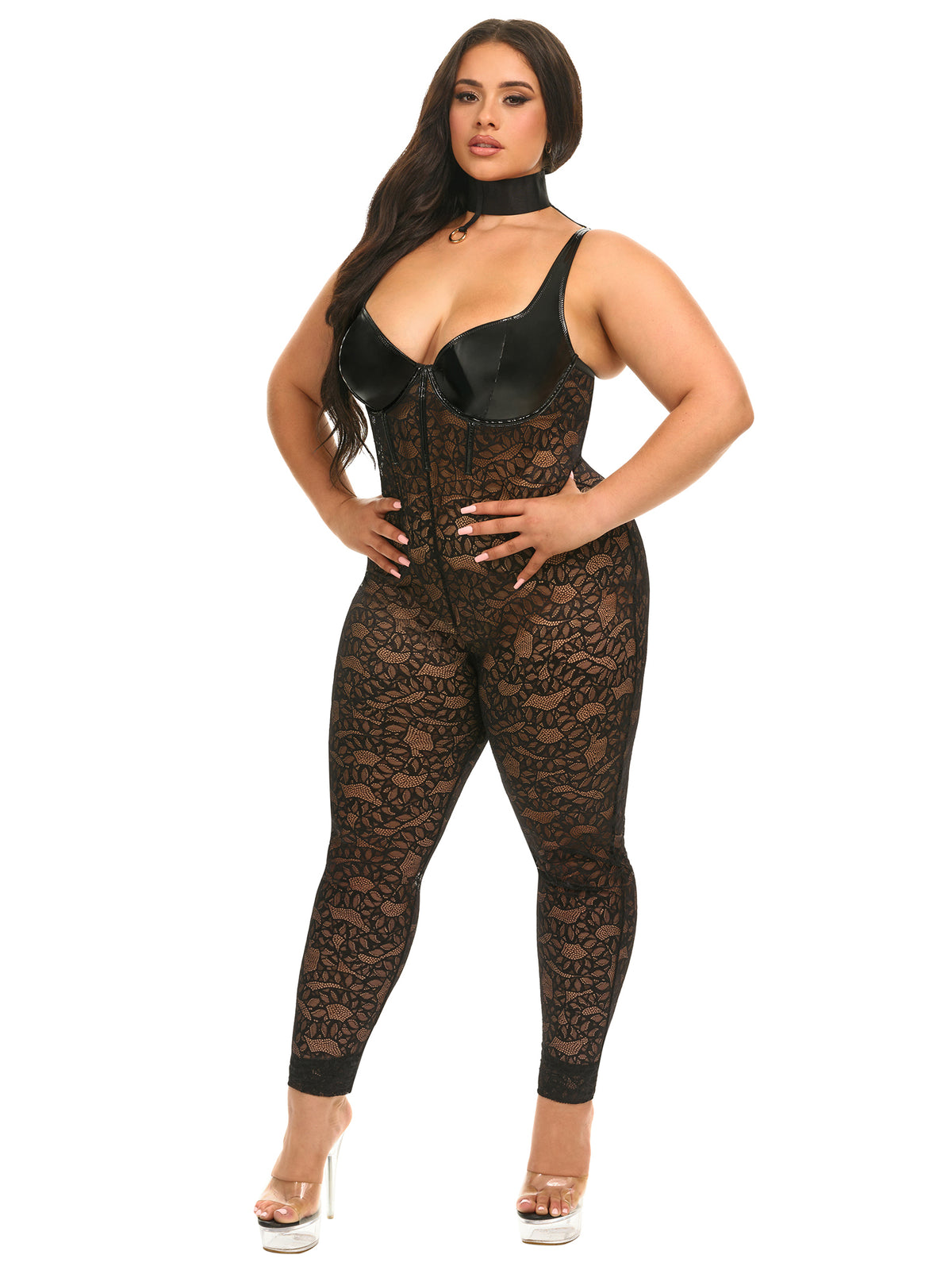 


Woman wearing a black lace jumpsuit on a white background