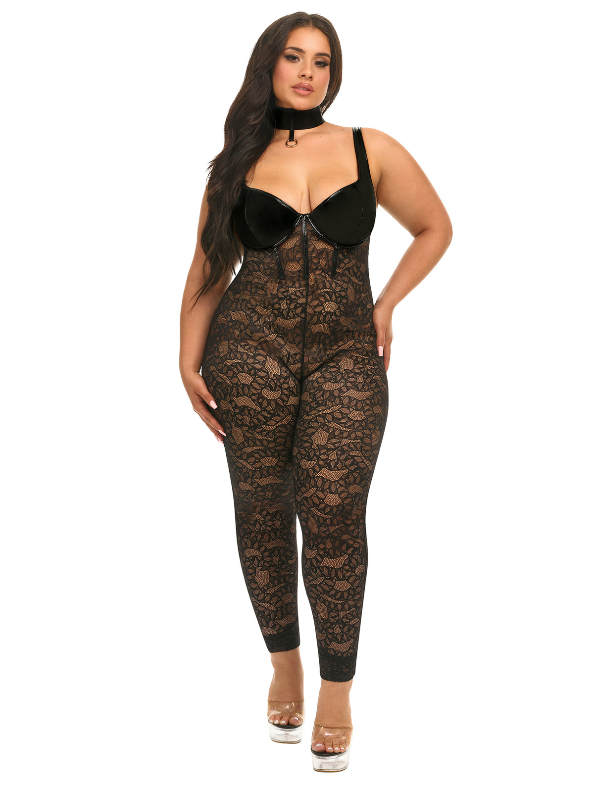 Woman wearing a black lace bodysuit on a white background