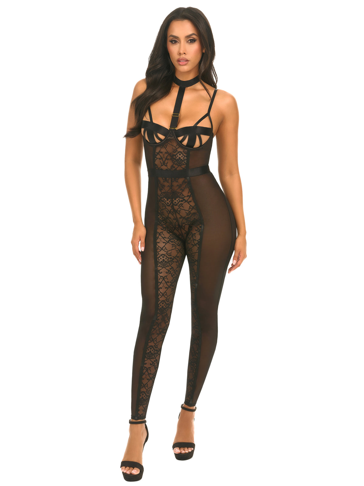 Woman wearing a Sia lace and mesh bodysuit with underwire cups, strappy cage detail, and choker