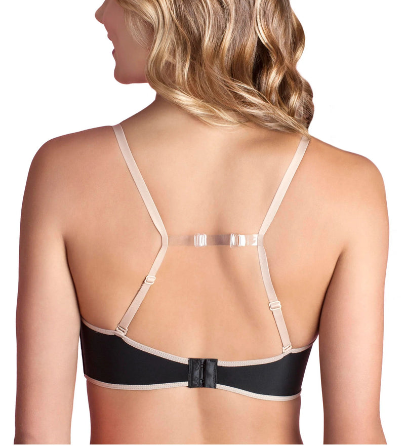 Black and beige bra on a model with a plain background