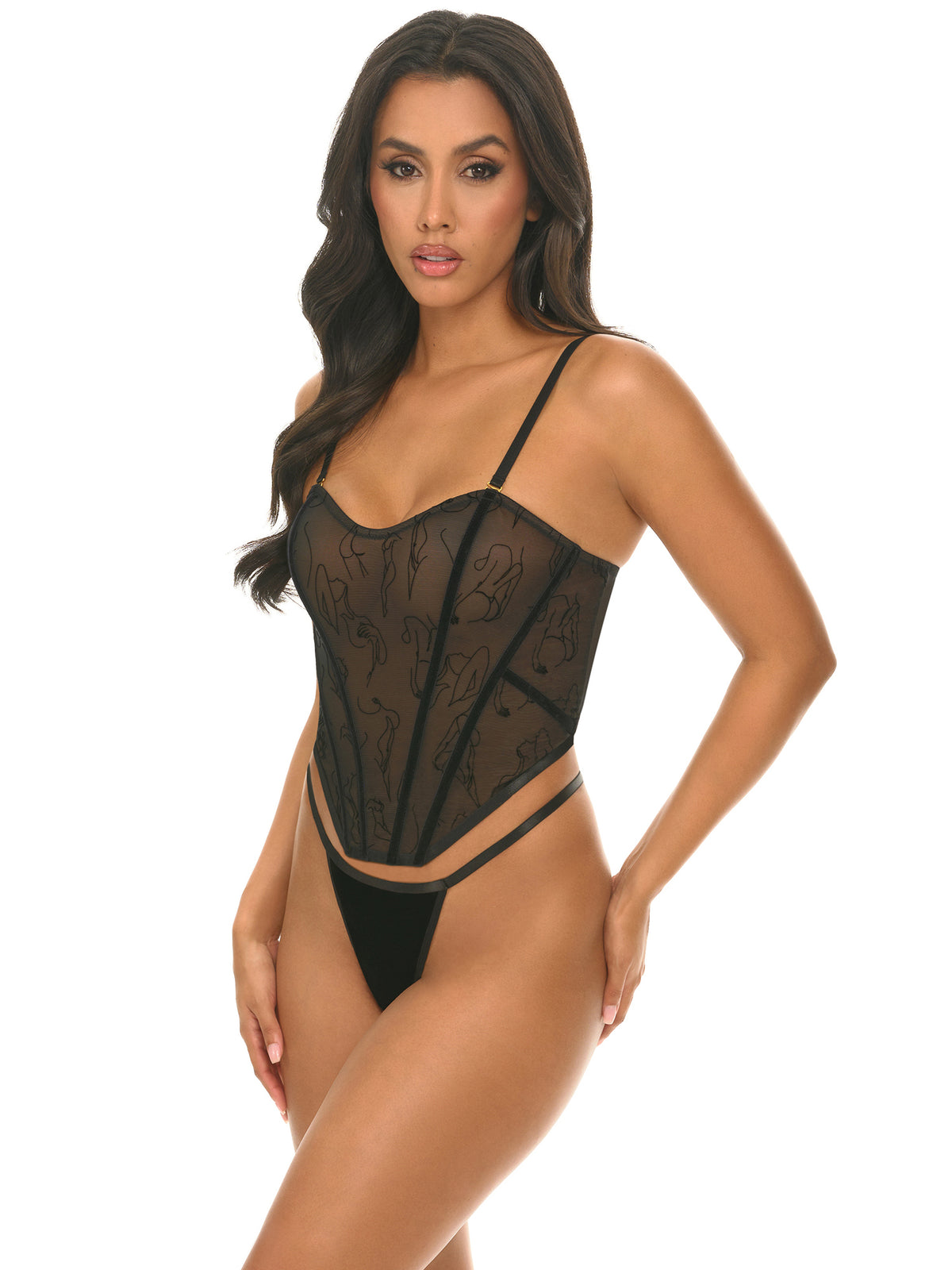 Woman wearing a Paris burnout velvet bustier set with boning inserts and matching velvet G-string