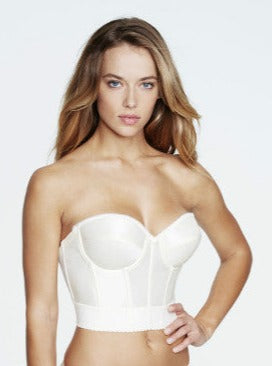 side view in ivory. Naomi Backless Satin Longline Bra (Corset)