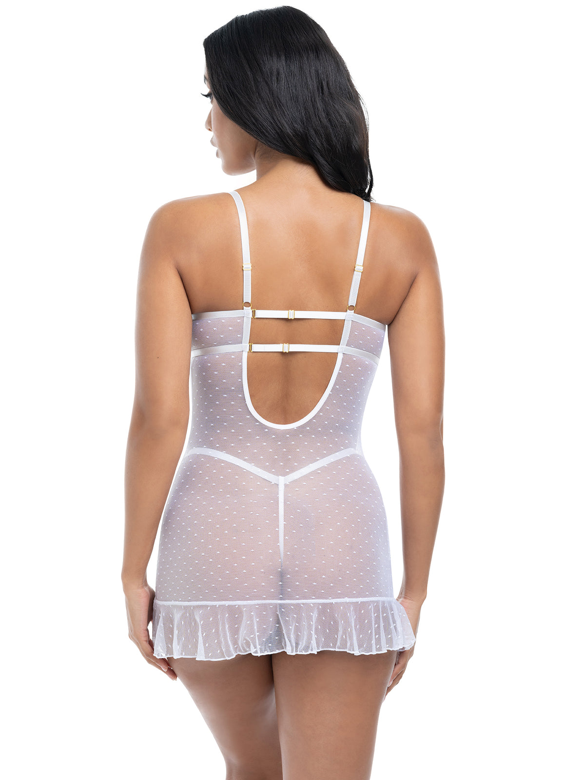 Back view of a Woman wearing a fitted lace and dot mesh babydoll with ruffled hem, rhinestone accents, and matching G-string