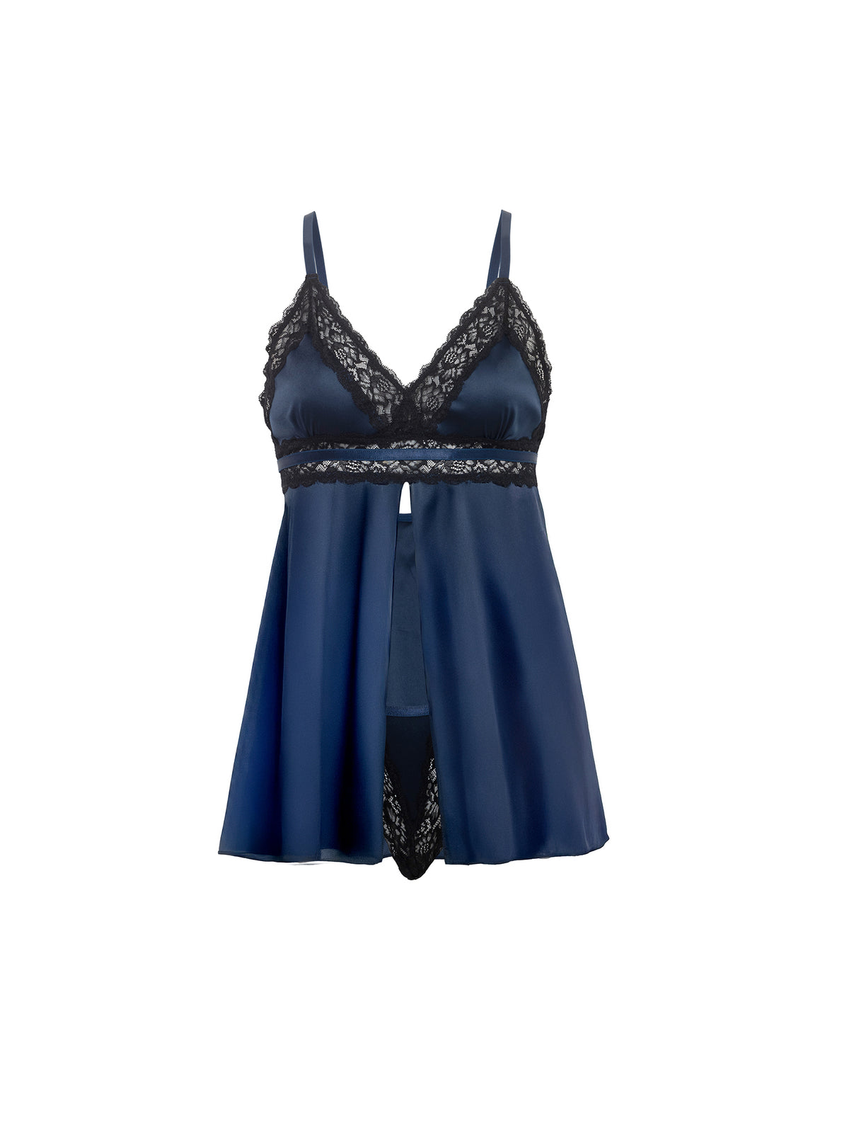 Navy blue nightgown with lace details on a white background