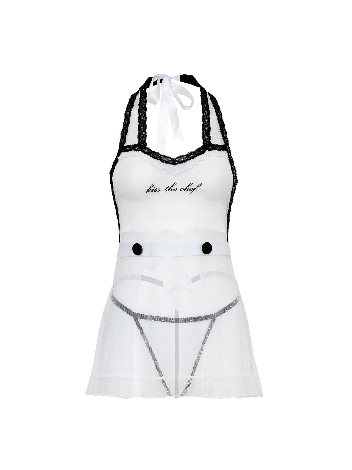 White apron with black accents and text on a white background