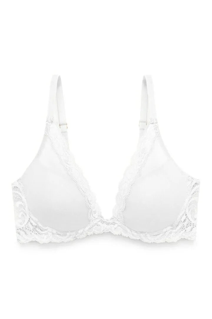 Natori Feathers Contour Plunge Bra - Underwire, Demi Cup, Feather Lace, Size 34G, Moonlight/Silver