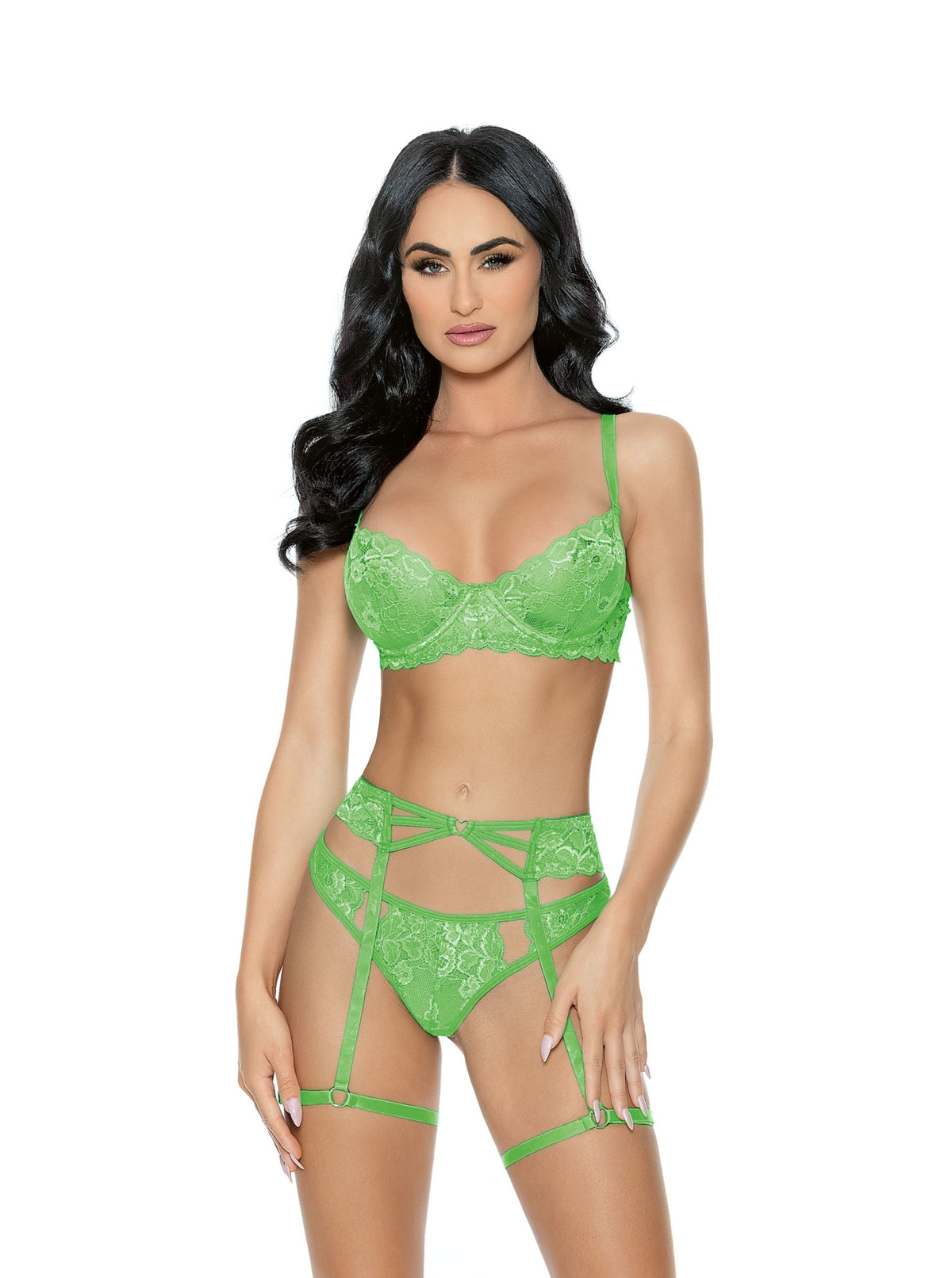 front side in lime. This vibrant three piece set will add some color to your lingerie collection while keeping things sexy. (Not to mention, your heart will be front and center!)