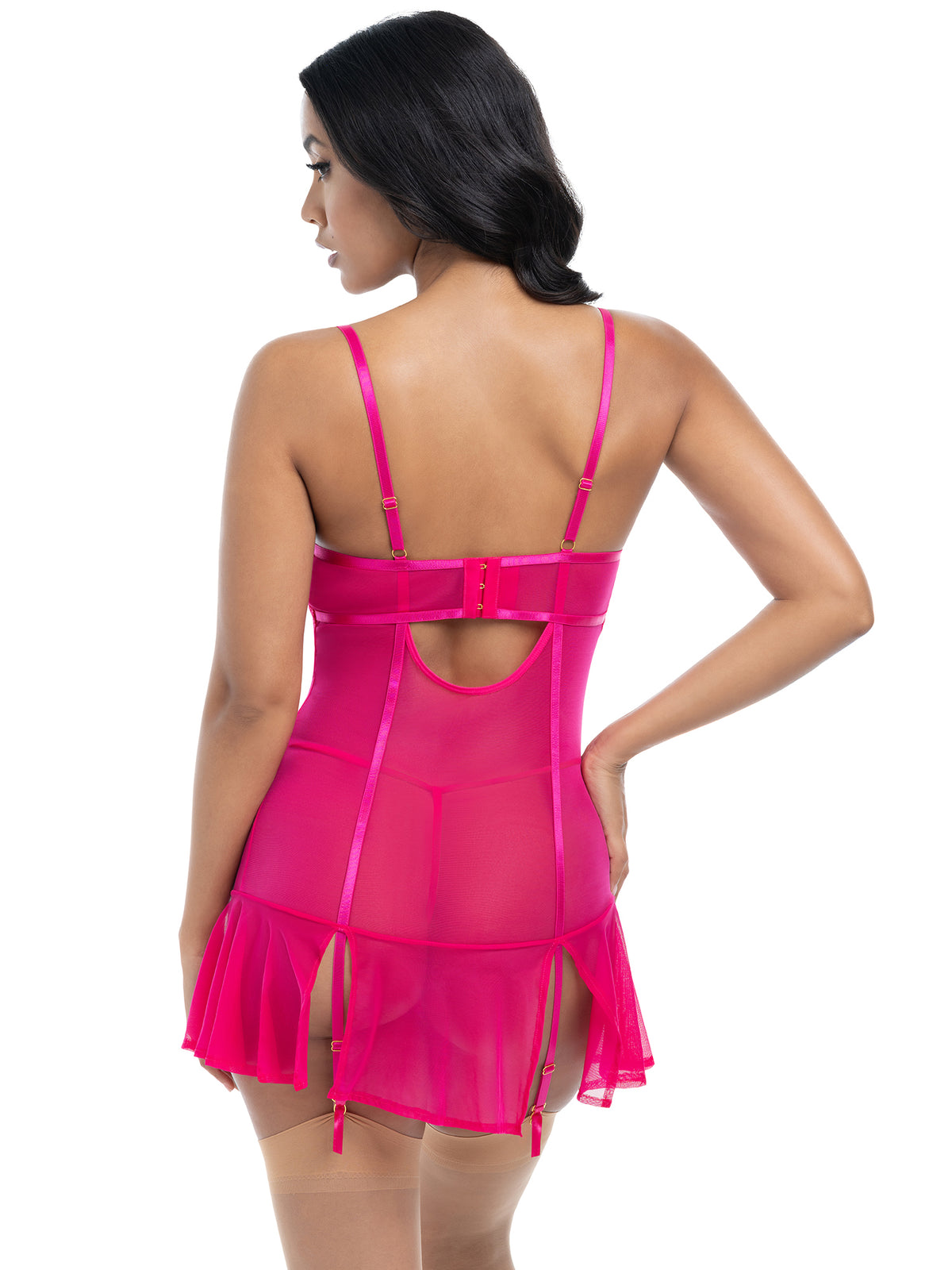 Back view of a Woman wearing a fitted lace and mesh babydoll with bow details and matching G-string
