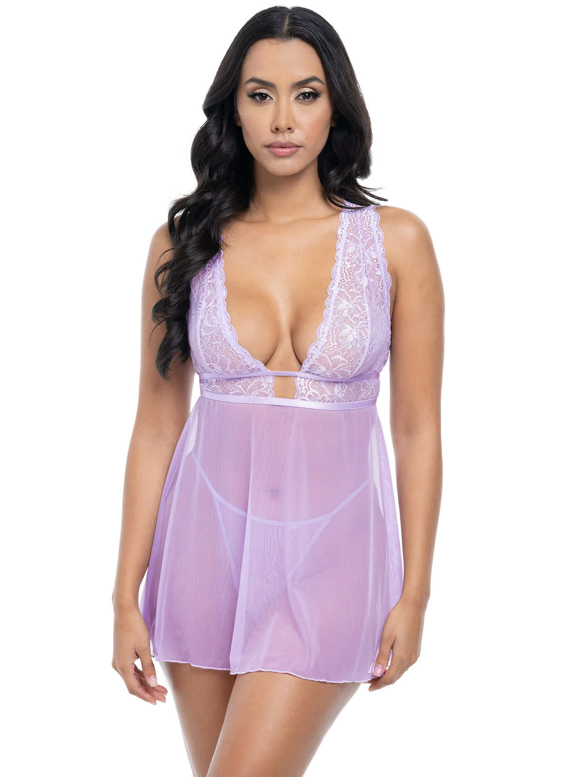 Model wearing the Stassi Sheer Babydoll Set with lace cups and mesh body.