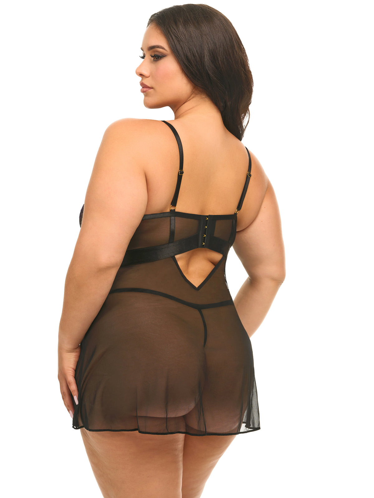 Back view of a woman wearing a Leanna sheer mesh and satin babydoll with embroidered lace and matching G-string